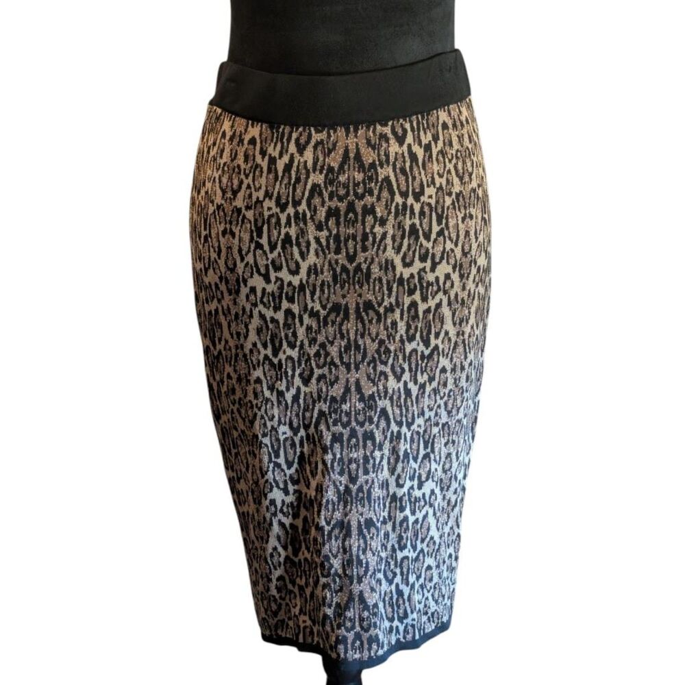 Vtg Caché Metallic Y2K Gold Leopard Print Knit Pencil Skirt, Size Small